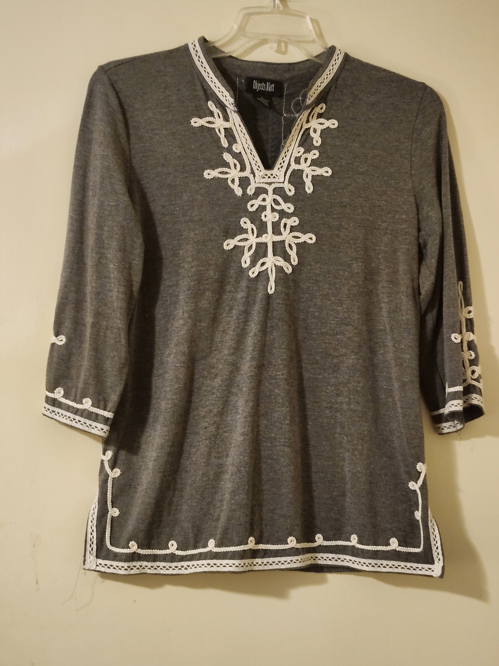 Object D'art Women's Gray Boho Peasant Braided Cord Trim V-Neck Tunic Top L